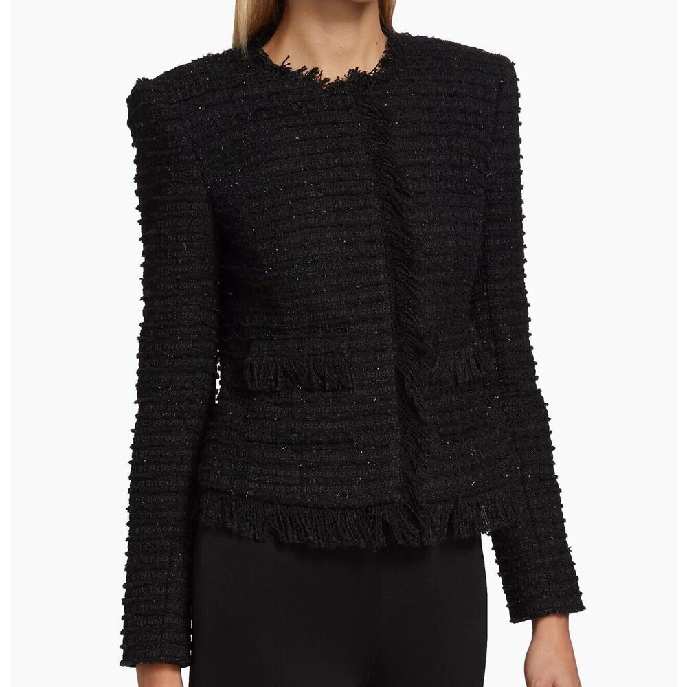 L’AGENCE Angelina Tweed Blazer Black Metallic Wool Sz 00 Fringe Jacket Open
